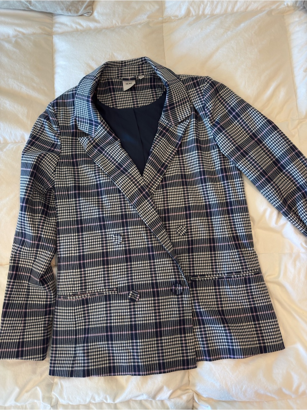 ICHI Navy, White & Pink Plaid Double-Breasted Blazer